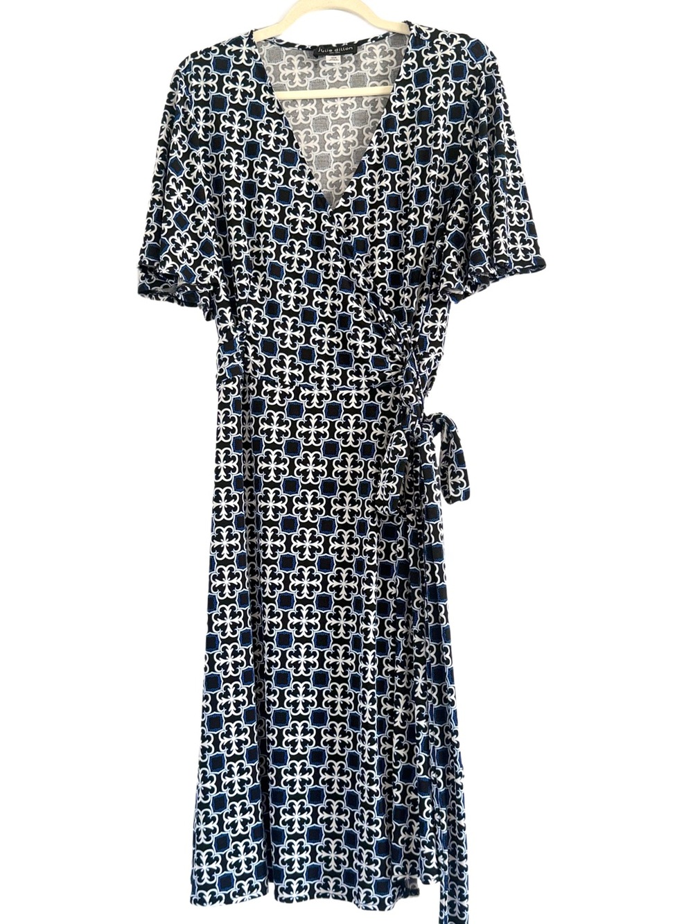 Julie Dillon Floral Tile Print Navy & White Wrap Midi Dress with Side Tie 18W